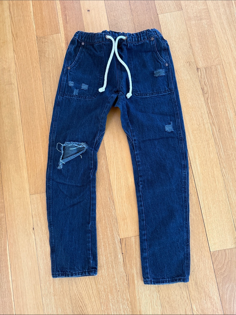 Women’s Dark Blue Distressed Drawstring Jeans